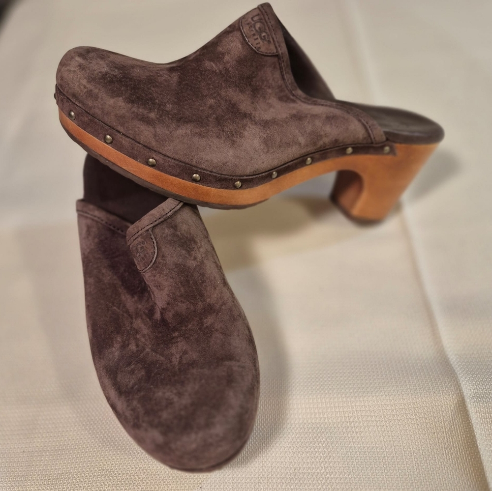 UGG Boho Brown Suede Mules with Wooden Heel